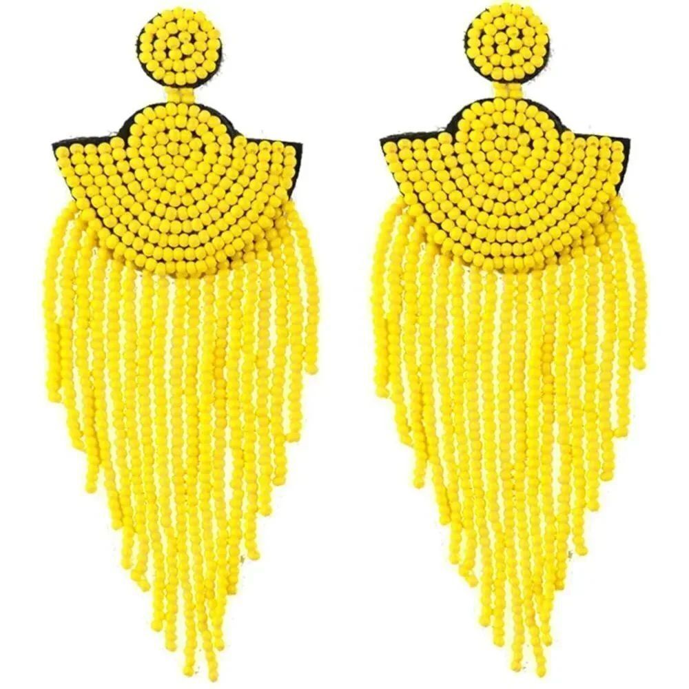 Long Boho Yellow Beaded Tassel Fringe Dangling Drop Fan Chandelier Post Earrings